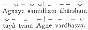 Agnaye samidham &acirc;h&acirc;rsham<br> tay&acirc; tvam Agne vardhasva.