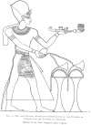 FIG. 1.THE CONVENTIONAL EGYPTIAN REPRESENTATION OF THE BURNING OF INCENSE AND THE POURING OF LIBATIONS (Period of the New Empire)after Lepsius